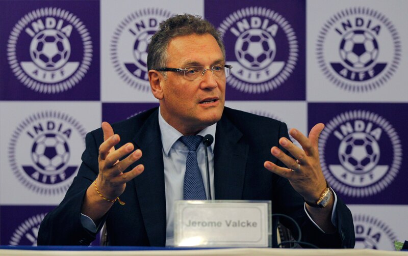 FIFA Secretary-General Jerome Valcke addresses a press conference in New Delhi, India, Wednesday, Oct. 15, 2014. As far as football authorities are concerned, it's the names in the games that are certain to drive the growth of the game in India. Valcke said marquee players like Luis Garcia, Alessandro Del Piero and Robert Pires in the Indian Super League will help unlock the 