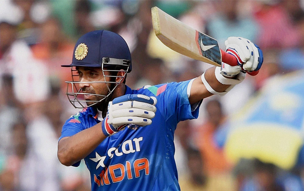 Indian batsman Ajinkya Rahane plays a shot during 1st ODI against Sri Lanka.
