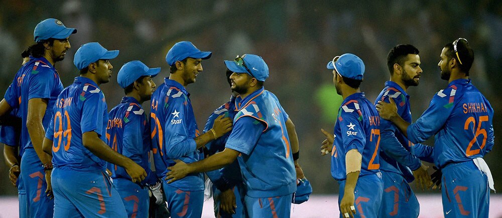 

Indian cricketers celebrate after winning 1st ODI match against Sri Lankan in Cuttack.
