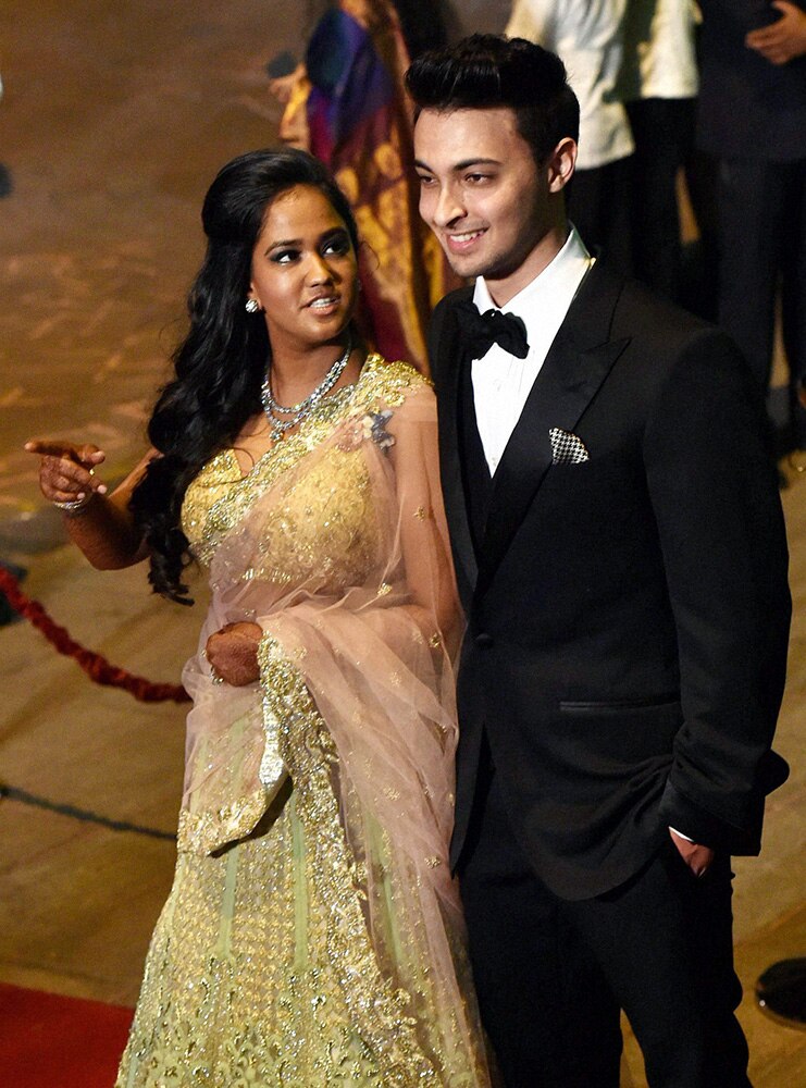 Bollywood actor Salman Khans sister Arpita and her husband Aayush Sharma during the wedding reception in Mumbai.