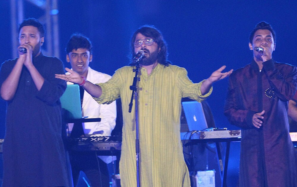 Pritam performs during the Pepsi IPL 2015 opening night event at the Salt Lake Stadium in Kolkata.
