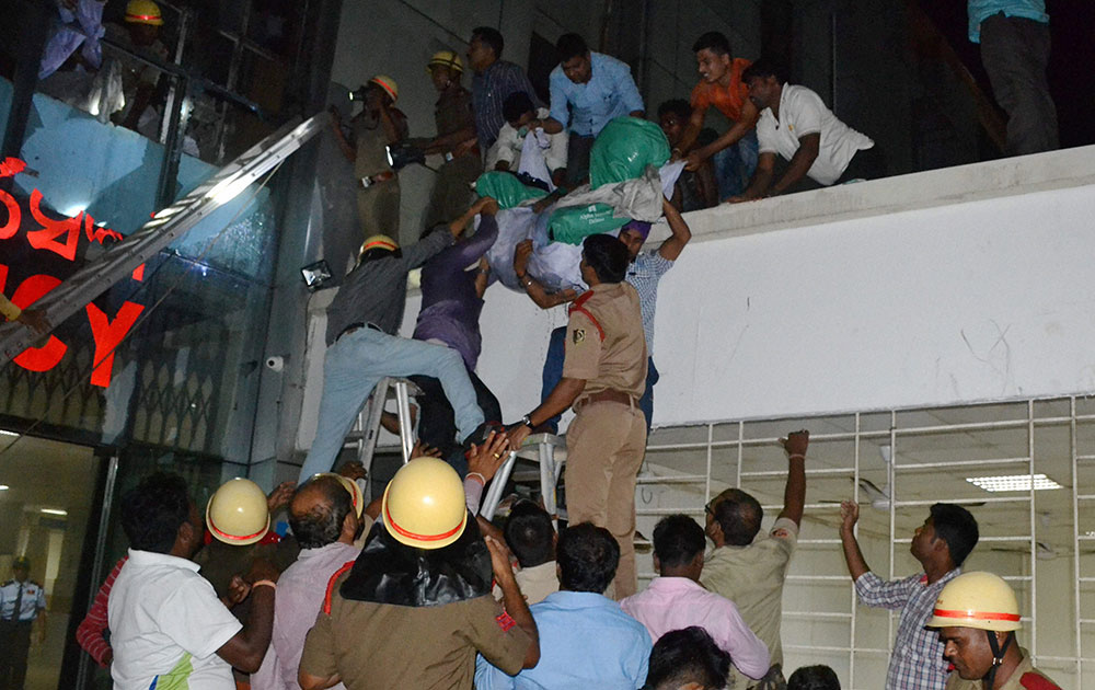 Rescue work underway at the Institute of Medical Sciences and Sum Hospital in Bhubaneshwar where a fire broke out
