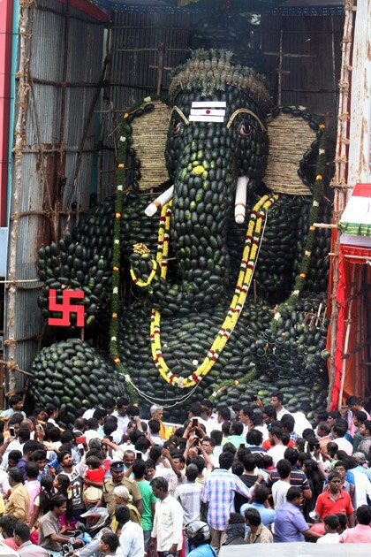 Ganesha idol made up of watermelon on Ganesh Chaturthi