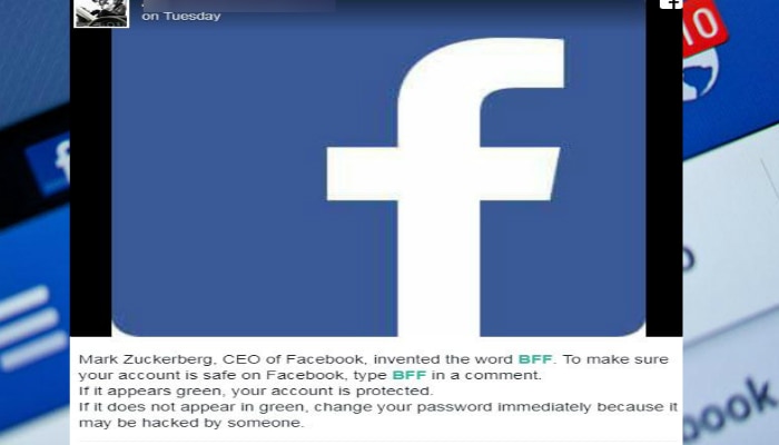 তা দাবিটা কী? ব্যক্তিগত প্রোফাইলে মার্ক জুকারবার্গের ছবি দিয়ে বলা হচ্ছে, এই বিএফএফ শব্দটি এনেছেন মার্ক জুকারবার্গ। শব্দটি সবুজ হলে নিশ্চিত হতে পারেন, আপনার ফেসবুক অ্যাকাউন্ট হ্যাক হয়নি। 