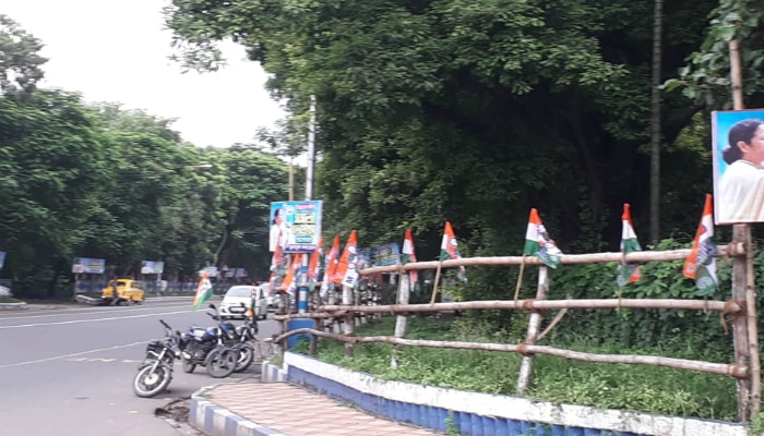 সাধারণত রাজনৈতিক দলের সভায় তাদের নিজস্ব পতাকাই থাকে। কিন্তু অমিতের সভার ভিড় নিয়ন্ত্রণের জন্য অস্থায়ী কাঠামোর উপরেই লাগানো হয়েছে তৃণমূলের পতাকা।  