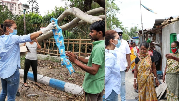 আমফান বিধ্বস্ত বিভিন্ন এলাকা পরিদর্শন, কর্মীদের হাতে খাবার তুলে দিলেন মিমি