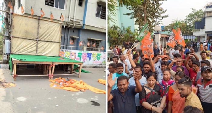 WB assembly election 2021 : মঞ্চ ভাঙচুর, কর্মীদের মারধর, পূর্ব যাদবপুর থানা ঘেরাও করে পাল্টা বিক্ষোভে BJP