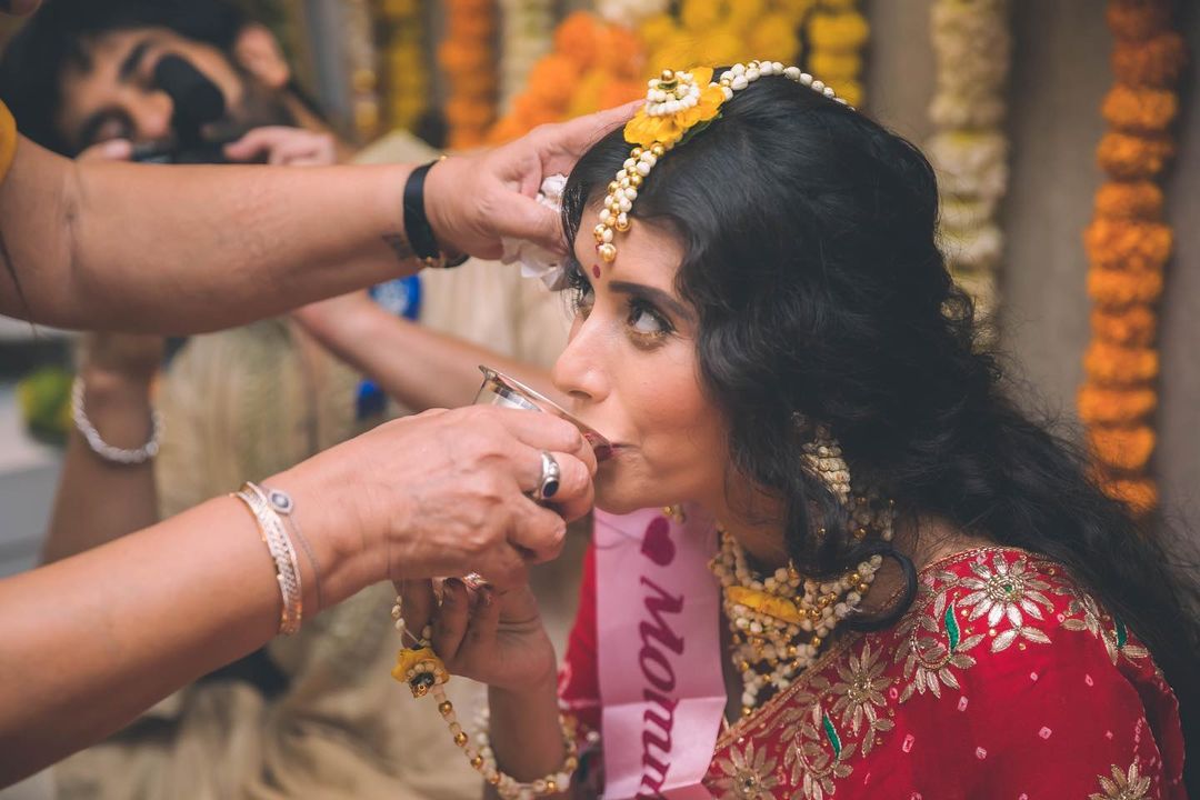 Charu wore a yellow and red lehenga