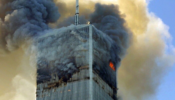 Fire and smoke billows from the north tower of World Trade Center