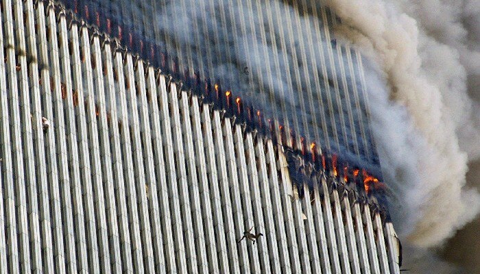 A person falls from the north tower of New York's World Trade Center 