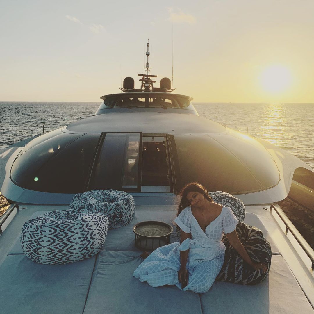 Rhea Kapoor in a boat