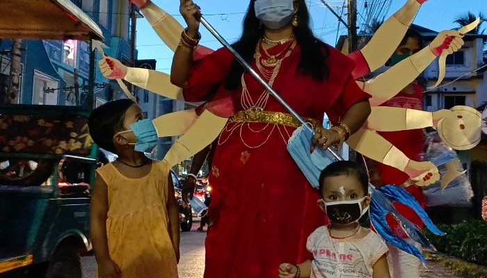 Goddess Durga campaigns to prevent coronavirus in Jalpaiguri