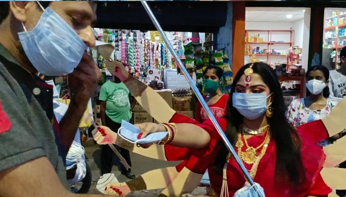 Goddess Durga campaigns to prevent coronavirus in Jalpaiguri