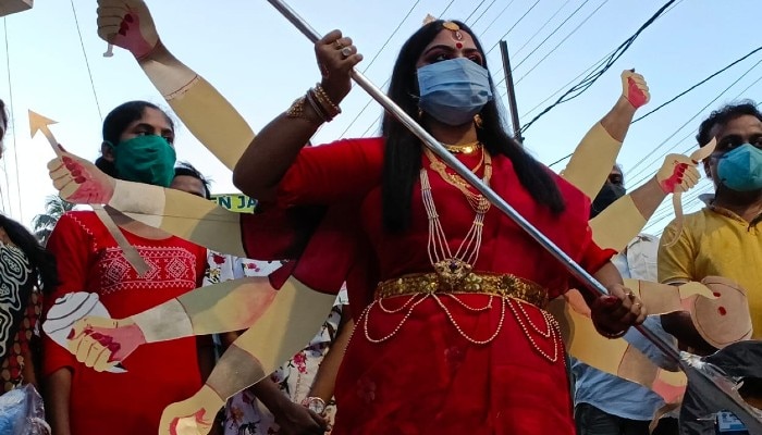 Goddess Durga campaigns to prevent coronavirus in Jalpaiguri