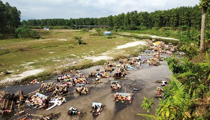 A river heavily polluted after idol immersion in Siliguri