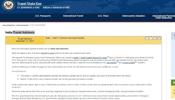 U.S. DEPARTMENT of STATE issue travel advisory