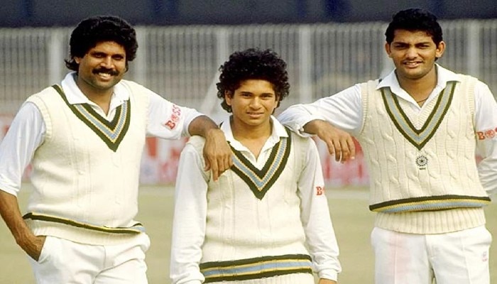 Sachin Tendulkar with Kapil Dev and Mohammad Azharuddin. 