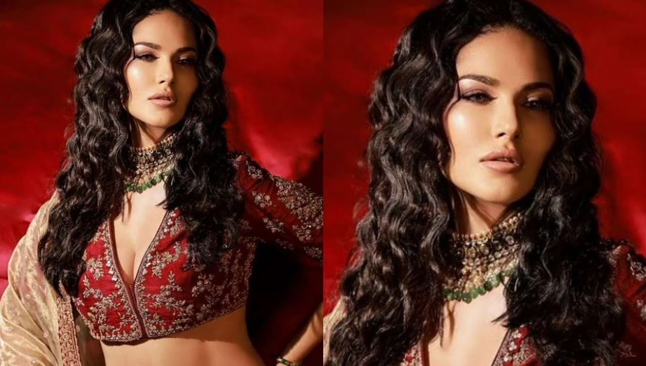 Sunny Leone dons a red embroidered lehenga