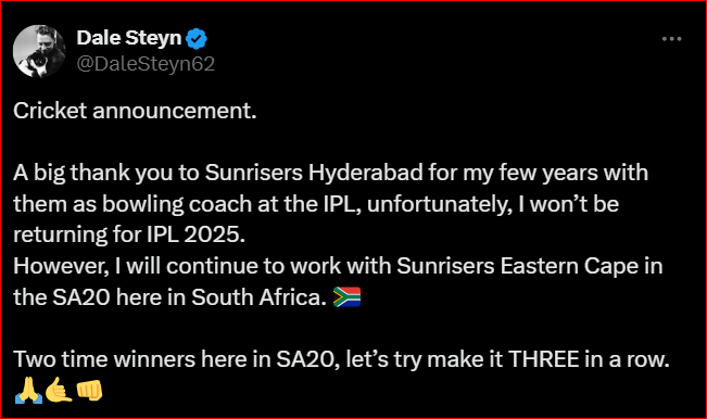  Dale Steyn On X Handle Regarding SRH