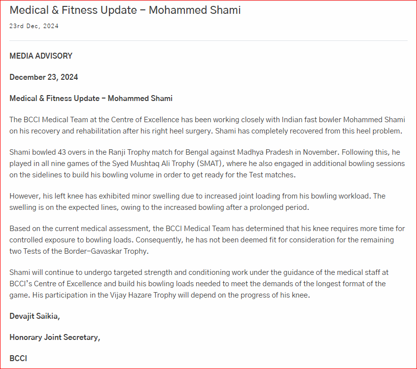 BCCI Press Release On Shami's Fitness 