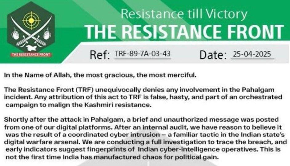 TRF denies involvement in Pahalgam attack