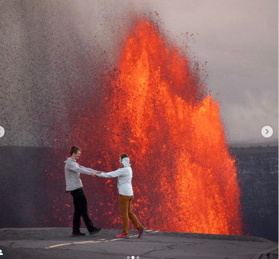 Viral Proposal in front of Tornado and Active Volcano