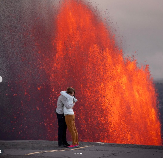 Viral Proposal in front of Tornado and Active Volcano