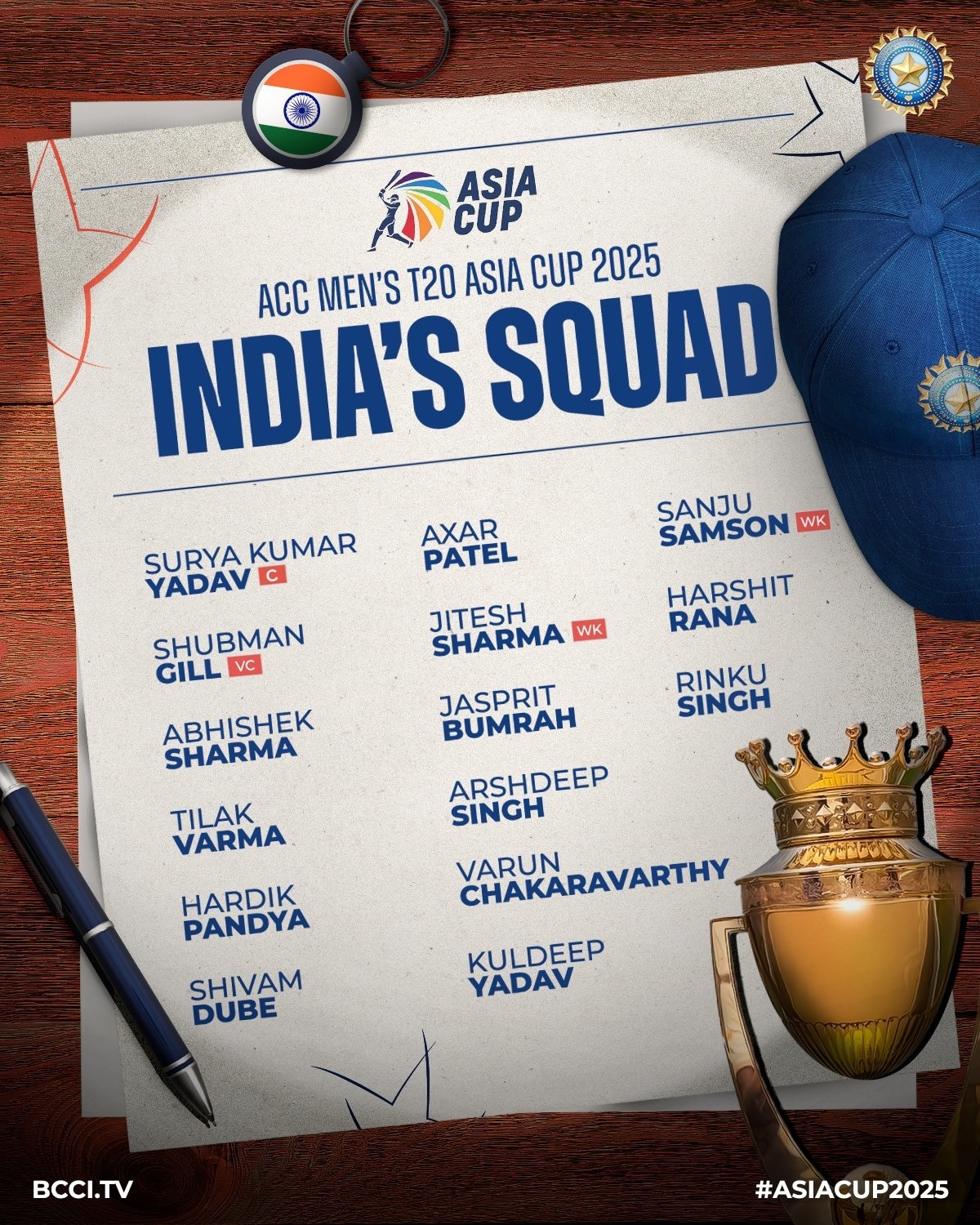 India's Squad For Asia Cup 2025