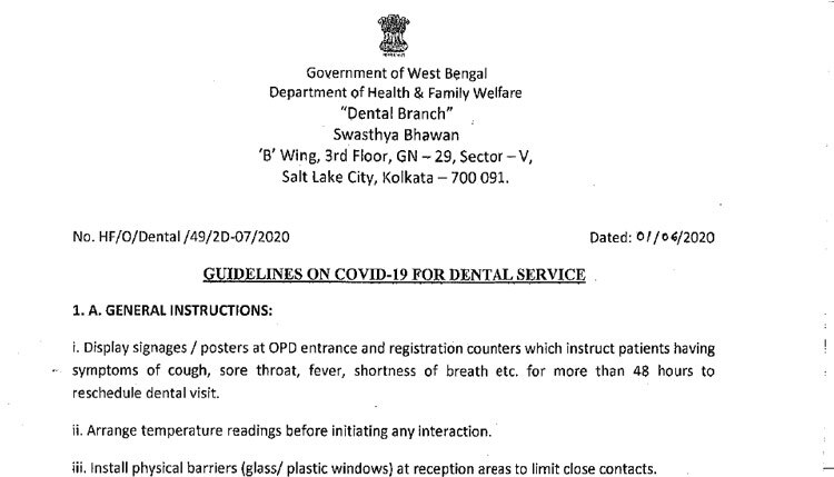 Guidelines on covid-19 for dental service by West Bengal Government