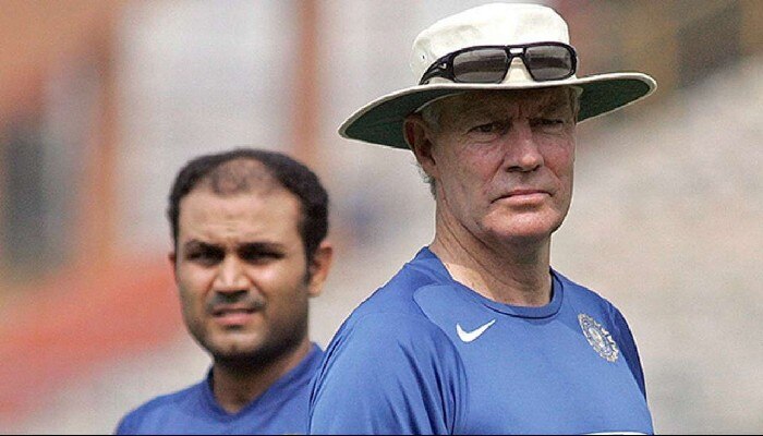 Virender Sehwag and Greg Chappel. File pics