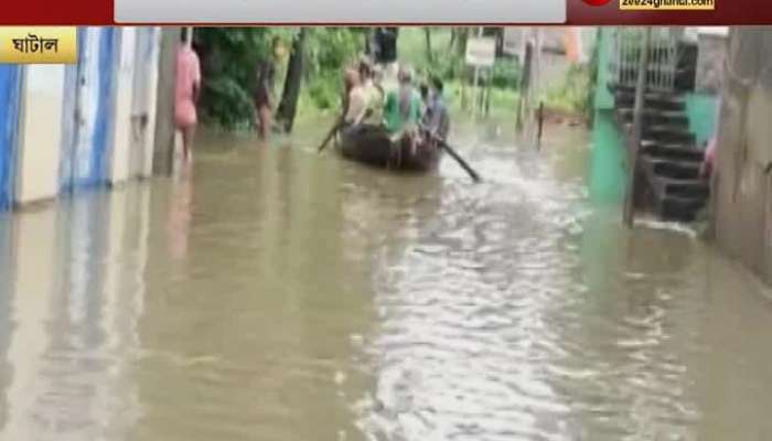 Ghatal municipality under water, boat travel, daily activities across the water, people in extreme pain