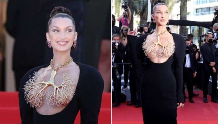 ফুসফুস আকৃতির সোনার নেকলেস দিয়ে ঢাকা স্তন, Cannes-র রেড কার্পেটে নজর কাড়লেন Bella Hadid 