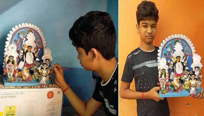 #উৎসব : ১২ বছরের কৌরব টবের মাটিতেই বানাল ১২ ইঞ্চির &#039;মিনি দুর্গা&#039;