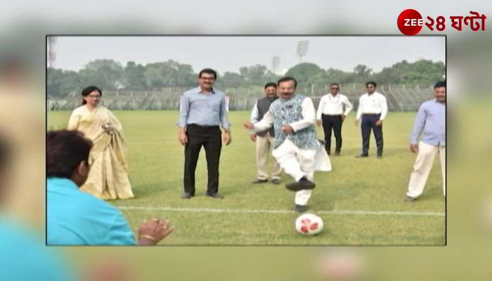 Sports Minister Arup Biswas kicks football in the East Bengal field to inauguration of Kanyashree Cup 3