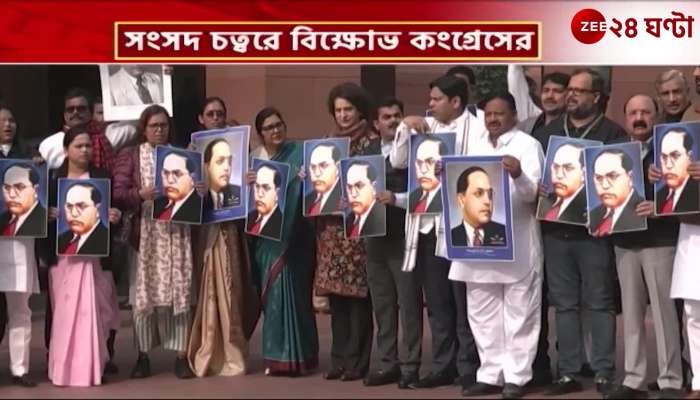Rahul Priyanka Kharge protest in parliament square on Ambedkar issue