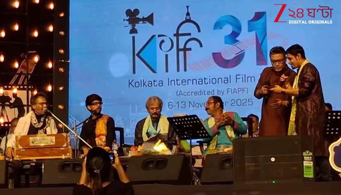 Minister Indranil Sen and Nachiketa Chakraborty perform a duet song at Cine Adda