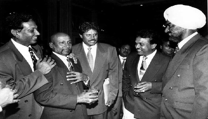 After winning the World Cup, Kapil Dev, Yashpal Sharma chatting with Mahendra Amarnath. File image